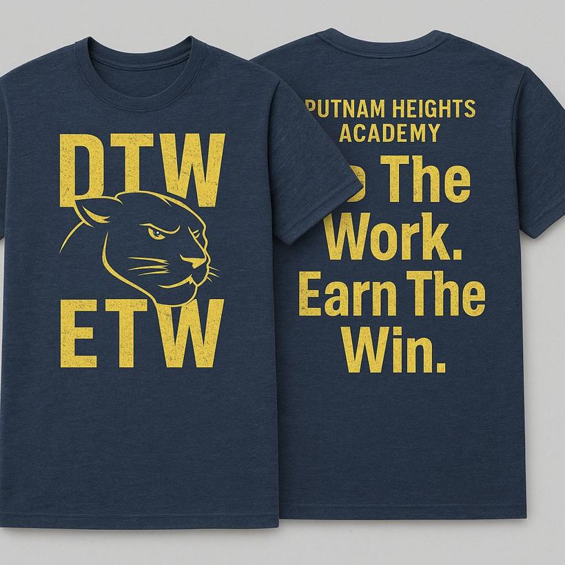 Navy and gold Putnam Heights tee: DTW ETW on the front, Do The Work. Earn The Win. on the back.