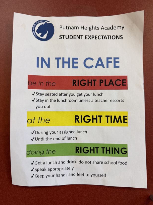 Student expectations flyer for the cafe: right place, right time, right thing.