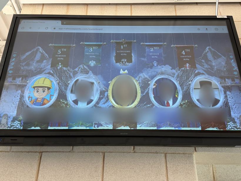 House points leaderboard on a hallway screen. One student shown as an AI cartoon avatar; other faces and names blurred.